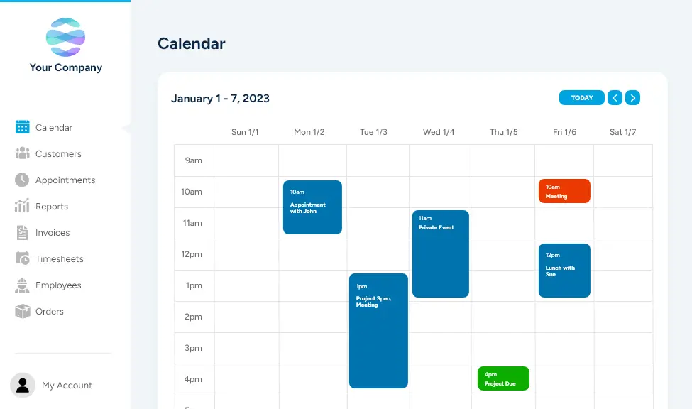 Example of an Calendar screen in a custom web application