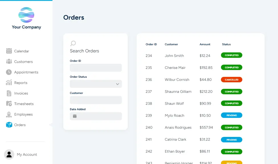 Example of an Order screen in a custom web application
